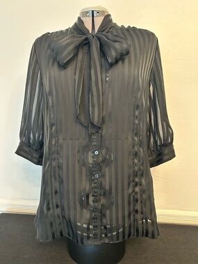 Sheer Black Striped Bow Tie Blouse, size L